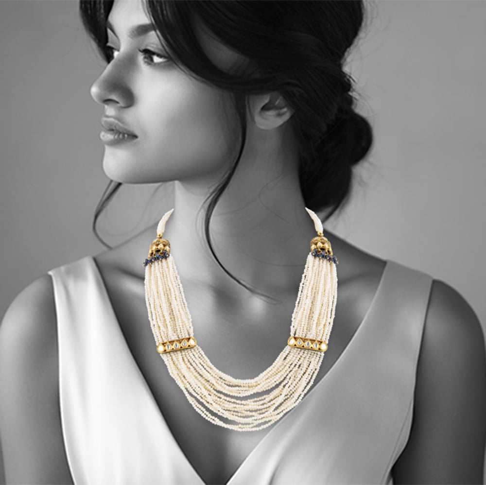 Multi-Strand Pearl Necklace with Polki & Jhumki Accents